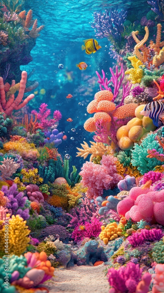 Fototapeta premium Vibrant coral reef teeming with colorful fish.