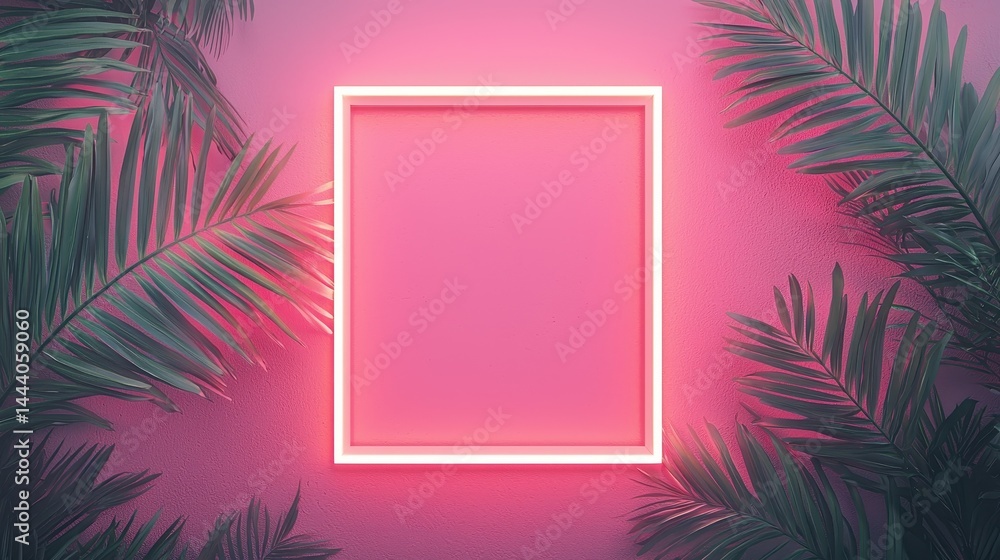Neon Pink Frame Surrounded by Tropical Leaves on a Vibrant Background Perfect for Modern Design and Artful Displays Neon Pink Frame Surrounded by Tropical Leaves on a Vibrant Background Perfect for Modern Design and Artful Displays