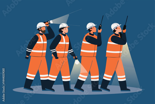 A nighttime scene depicting a dedicated emergency volunteer team using flashlights while navigating a challenging, possibly disaster-stricken, environment.  Focus on teamwork and urgency.
