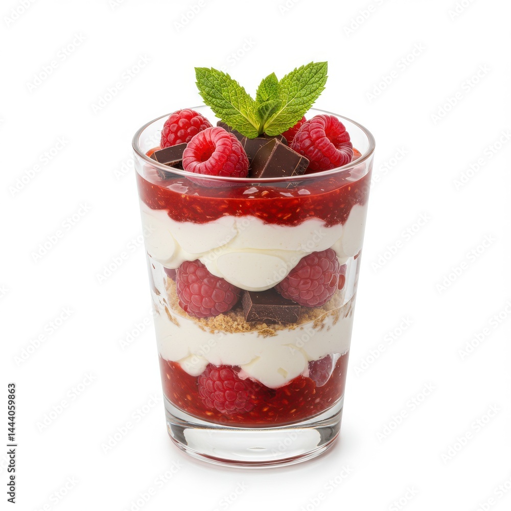 Raspberry parfait dessert isolated on white background in glass cup Raspberry parfait dessert isolated on white background in glass cup