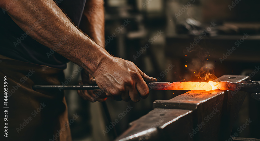 Fototapeta premium Blacksmith's Hands Forging Glowing Metal on Anvil in Dark Workshop