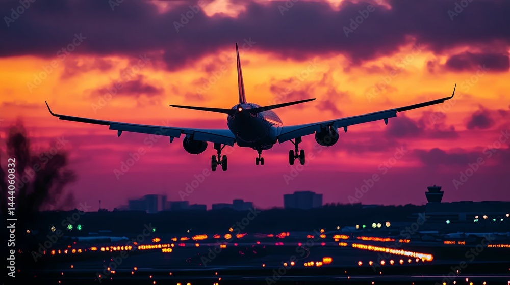 Dramatic sunset view of airplane landing. Dramatic sunset view of airplane landing.