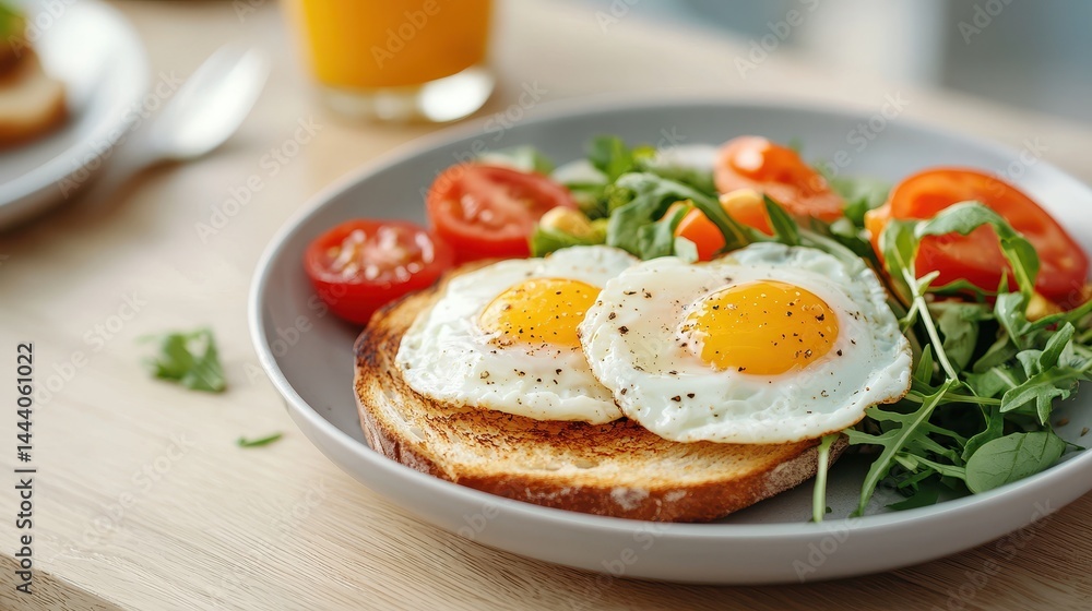 Delicious Breakfast Plate with Fried Eggs, Fresh Salad, Cherry Tomatoes, and Toast on a Light Wooden Table Delicious Breakfast Plate with Fried Eggs, Fresh Salad, Cherry Tomatoes, and Toast on a Light Wooden Table