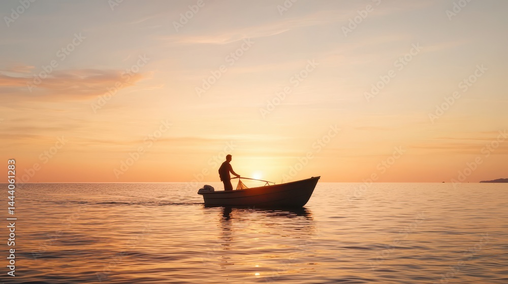 Obraz premium Serene Sunset Over the Ocean with Silhouette of a Fisherman Rowing Alone in a Small Boat