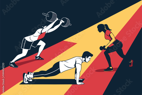 Design a vibrant web header showcasing diverse athletes powerfully lifting weights during intense fitness training.  Focus on strength, determination, and healthy lifestyles.