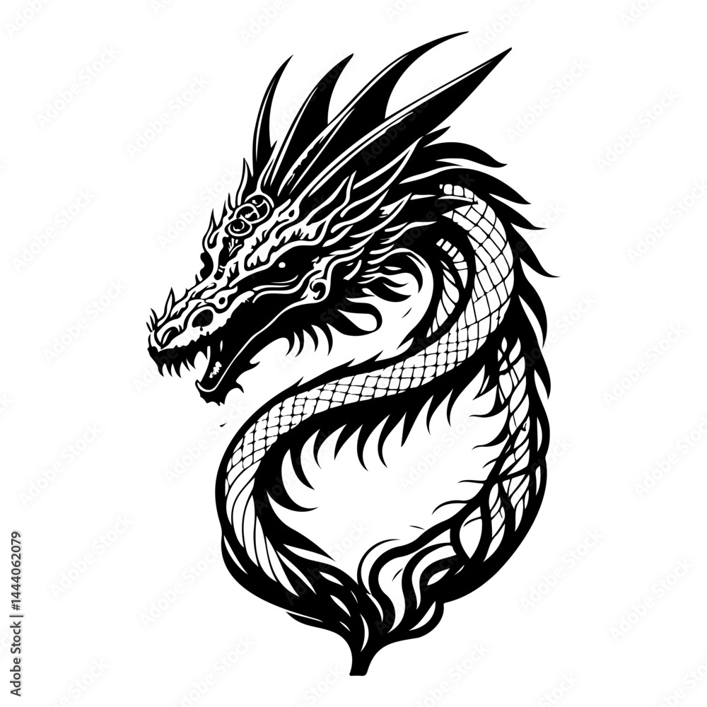 Obraz premium Majestic dragon illustration with intricate scales in a sleek, minimalist style
