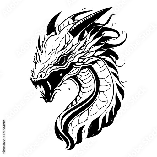 Monochrome dragon illustration showcasing intricate linework and striking expression