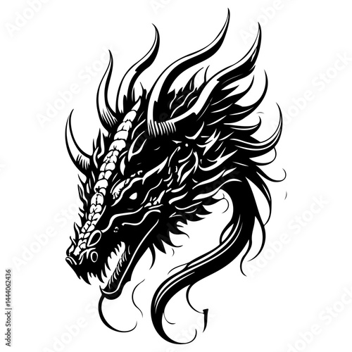 Monochromatic mythical creature illustration with intricate detailing and fierce expression