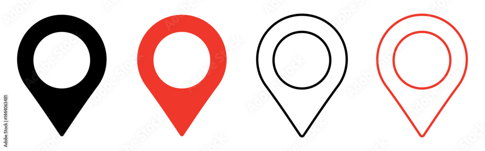 Map location pin icon set in black and red, solid and outline styles for navigation and GPS design Map location pin icon set in black and red, solid and outline styles for navigation and GPS design