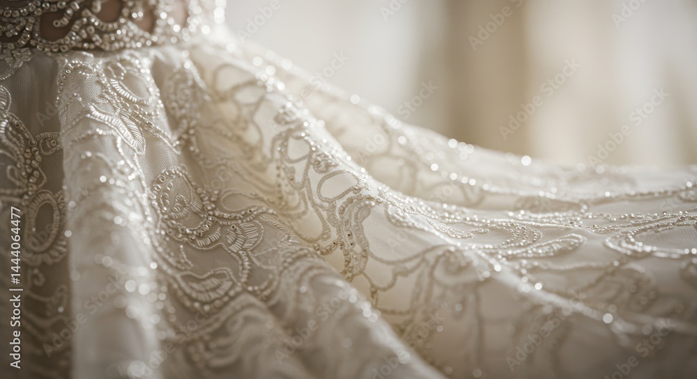 Close-up of intricate lace and beadwork on a wedding dress fabric Close-up of intricate lace and beadwork on a wedding dress fabric