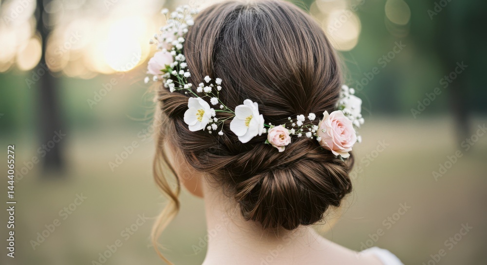 Naklejka premium Close-up of woman's hair styled in a low bun with white and pink flowers