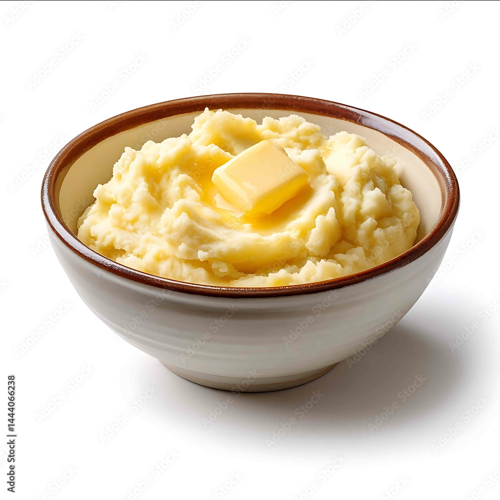 A bowl of creamy mashed potatoes with a pat of butter on top isolated on white high quality A bowl of creamy mashed potatoes with a pat of butter on top isolated on white high quality