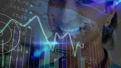 woman analyzing finance data in virtual interface, displaying neon line charts and bar graphs