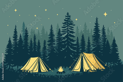 Silhouette of dark forest trees at night, illuminated by softly glowing tent lights.  Mysterious and peaceful scene.