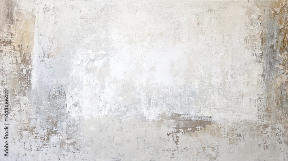 Naklejka premium Abstract white paintings show rich textures, light greys and greys, set against a minimalist backdrop on canvas fabric. It creates a calm and elegant atmosphere.