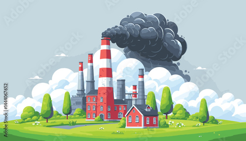 Industrial Factory Emitting Smoke Amid Green Landscape and Clear Sky