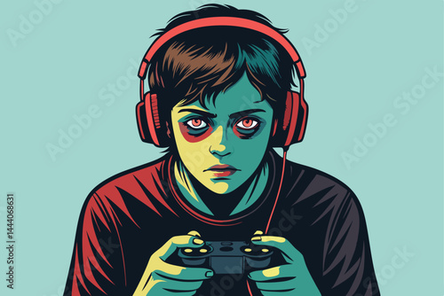 Depict a teenager engrossed in a video game, wearing a headset, illustrating the concept of gaming addiction. Show visible signs of neglect, like messy room.