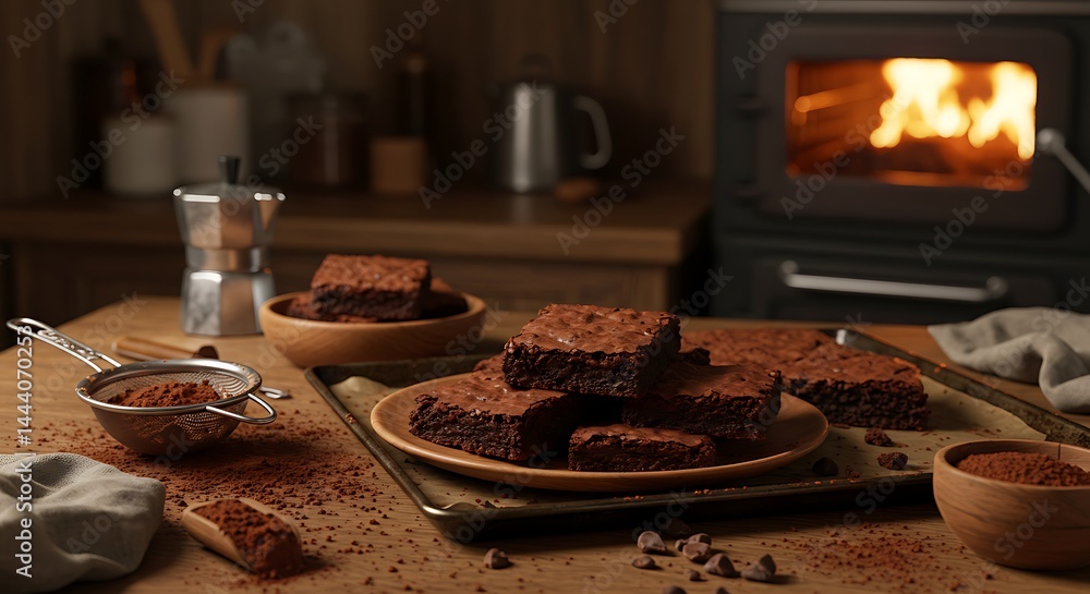 Fototapeta premium Warm & Cozy Chocolate Brownies by a Fireplace