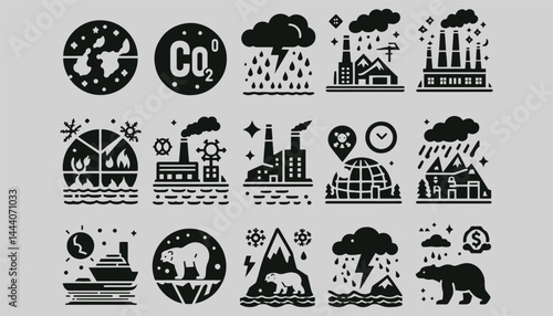 Set of Icons Illustrating Climate Change and Environmental Challenges