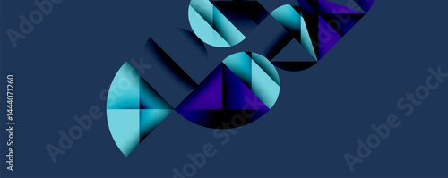 Abstract geometric shapes overlap, creating dynamic composition. Blue, turquoise, purple hues dominate design. Minimalist style.