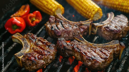 A BBQ scene with grilled lamb chops, sweet peppers, and corn on the cob, sizzling and releasing flavorful smoke over the coals.