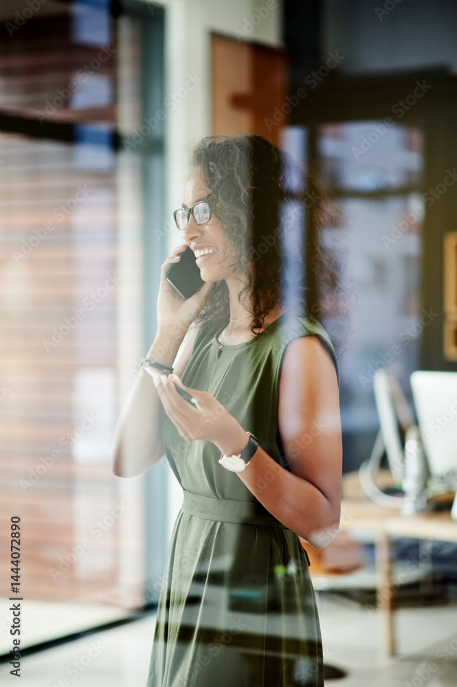 Fototapeta premium Happy, business woman or discussion with phone call for finance advice, chat or talk at office. Female person, accountant or financial advisor with smile on mobile smartphone for profit, help or tips