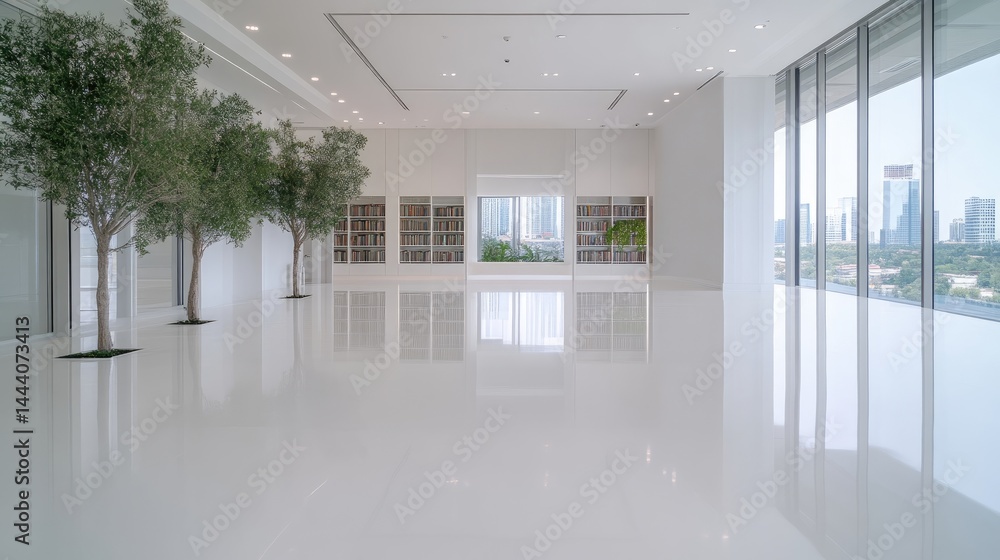 Obraz premium Modern White Room Olive Trees Minimalist Bright Lighting Wide Angle High Gloss Floor Peaceful Atmosphere City View Serene White Palette Ideal for Real Estate Listings