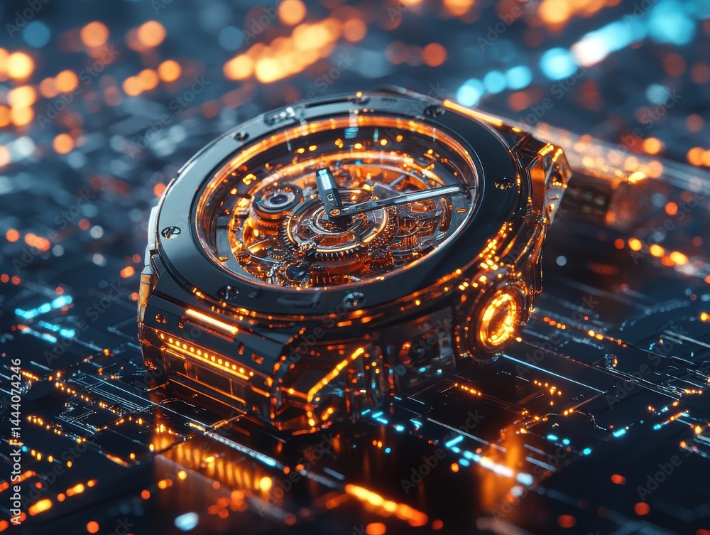 Futuristic timepiece resting on a circuit board. Futuristic timepiece resting on a circuit board.