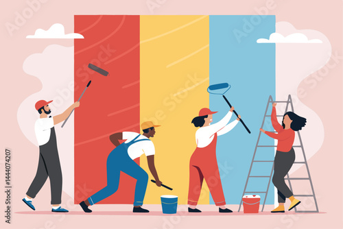 A vibrant group of diverse volunteers collaboratively paint a large-scale public wall mural, showcasing teamwork and community engagement.