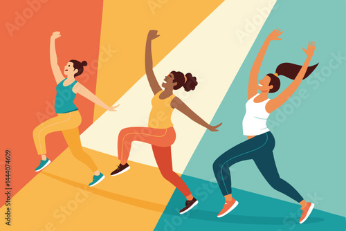 Energetic group fitness class, Zumba or aerobics style, diverse participants, high-intensity workout, smiling faces, upbeat atmosphere, indoor studio.