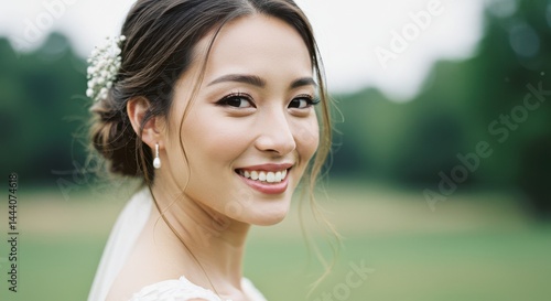 Young woman smiling in a park with side-swept hair and dangle earrings