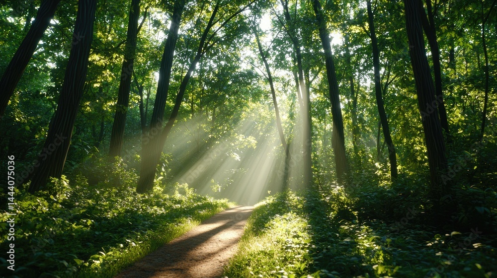 Fototapeta premium Serene Sunlight Filtering Through Dense Forest Canopy in Morning Light