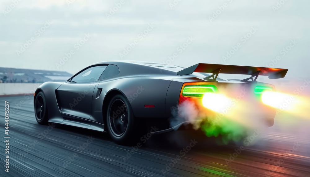 Obraz premium black sports car with nitrous oxide and flames from exhaust pipes drives on highway