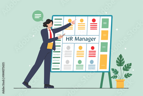 An HR manager enthusiastically points at a massive hiring board displaying numerous job openings, emphasizing recruitment opportunities. (1) indicates a specific opening.
