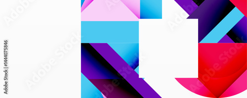 Abstract geometric shapes, vibrant colors, modern design. Composition features overlapping rectangles, curves, gradients. Minimalist aesthetic.