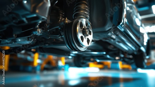 Elevated car suspension system undergoing maintenance in automotive repair shop