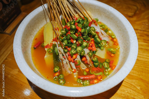 Obraz na płótnie Leshan pot chicken has been a traditional Sichuan snack for 100 years, which refers to cold slices of chicken, served with chili sauce containing many spices in a pottery pot (Bobo).. w salonie