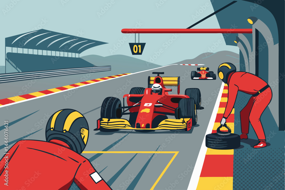 Obraz premium Helmet cam POV Fast Formula 1 car aggressively entering a bustling pit stop, tire change, blurred mechanics. Bold visual.