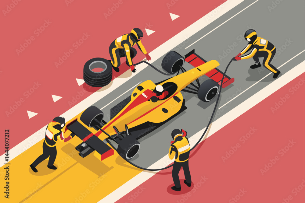 Obraz premium High-angle shot of a Formula 1 pit crew rapidly refueling a racing car during a tense pit stop. Action, speed, teamwork emphasized.