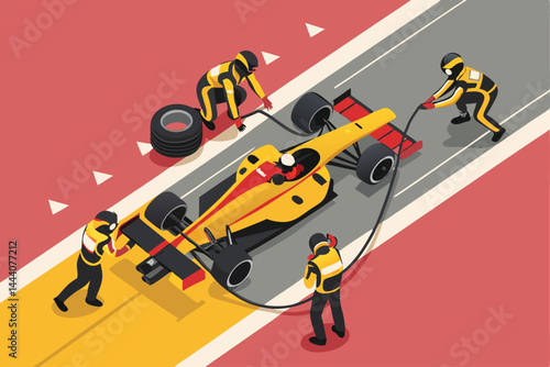 High-angle shot of a Formula 1 pit crew rapidly refueling a racing car during a tense pit stop.  Action, speed, teamwork emphasized.