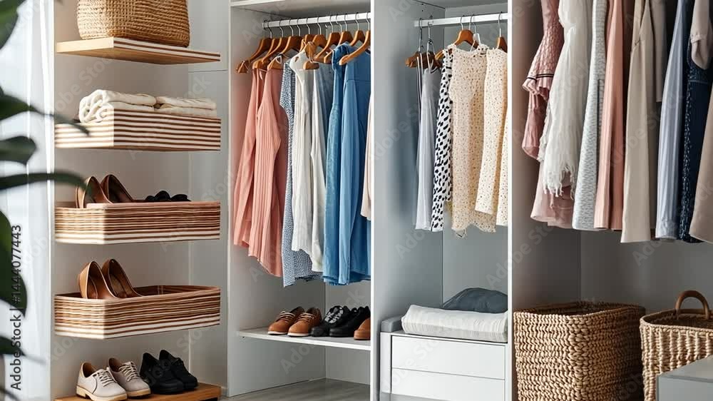 Modern Closet Design: Organized Clothing and Accessories in a Stylish White Wardrobe Modern Closet Design: Organized Clothing and Accessories in a Stylish White Wardrobe