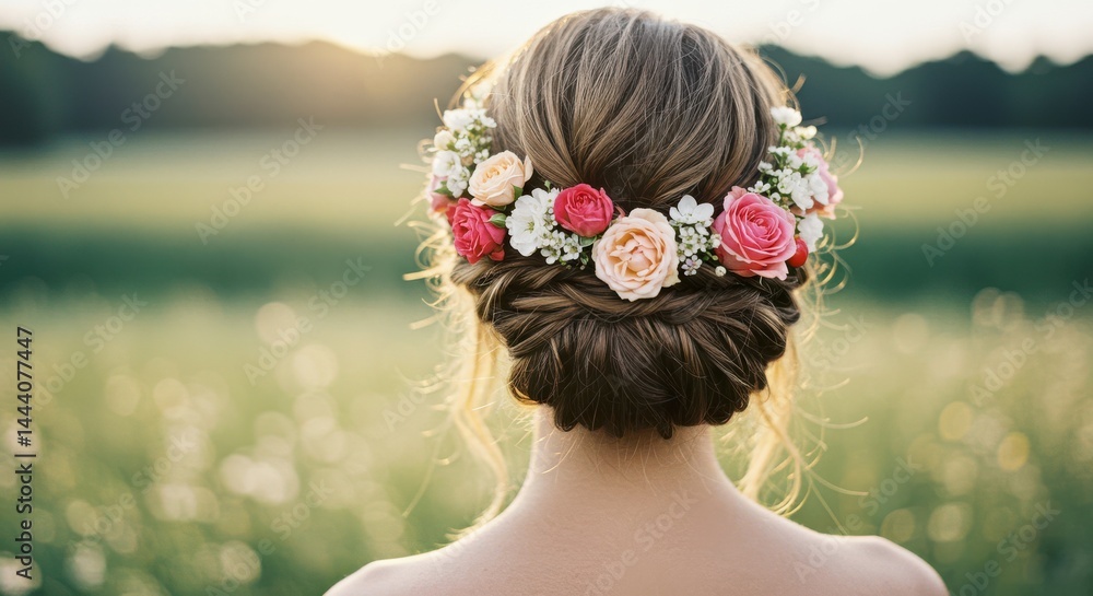 Naklejka premium Close-up of woman's braided hair with flowers in an outdoor field