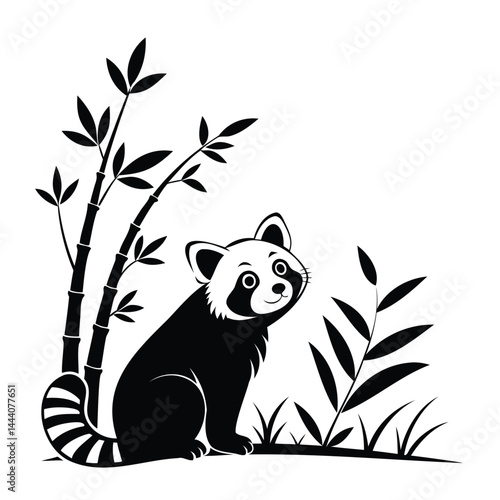 A cute cartoon panda bear with a black and white head nibbles bamboo in its wild, green, Asian forest