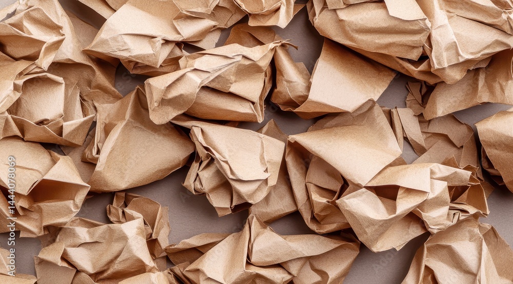 Crumpled brown paper scraps scattered over a light gray surface Densely packed, various sizes and shapes Crumpled brown paper scraps scattered over a light gray surface Densely packed, various sizes and shapes