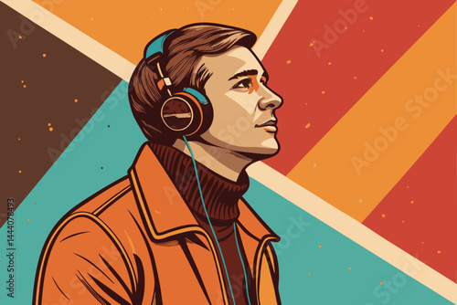 Create a vibrant illustration of a friendly podcast host, wearing stylish headphones, smiling warmly while speaking into a microphone.  Focus on a cheerful and approachable style.