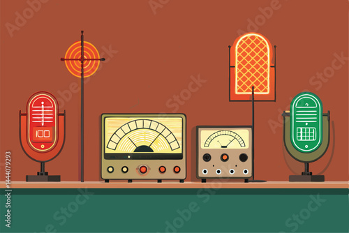 Illustrate a retro podcast recording studio, warmly lit, featuring vintage microphones, reel-to-reel tape recorders, and a futuristic Neo-inspired character.