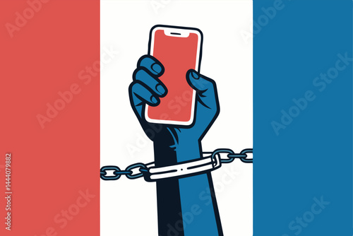 Create a striking illustration depicting a person handcuffed to a smartphone, symbolizing modern technology addiction; a prison of social media.