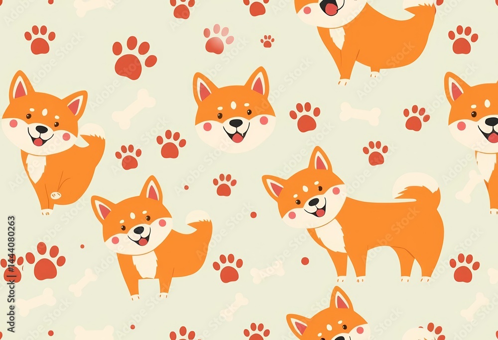 Happy Shiba Inu seamless pattern with paw prints and bones Scandinavian style cartoon dog vector illustration, seamless pattern, cartoon Happy Shiba Inu seamless pattern with paw prints and bones Scandinavian style cartoon dog vector illustration, seamless pattern, cartoon