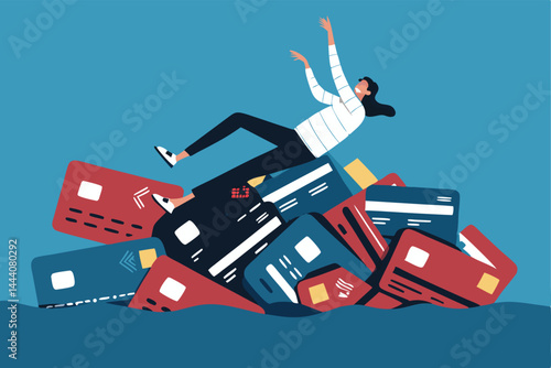 Illustrate a person overwhelmed and sinking into a massive pile of credit cards, depicting financial stress and debt.