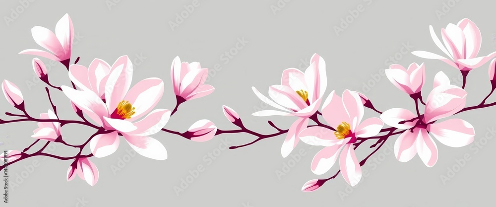 Fototapeta premium Elegant magnolia blossoms arranged in a line art silhouette, perfect for wedding invitations, floral design, hand drawn